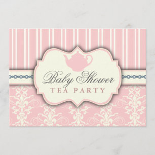 Chic Damask & Stripe Baby shower Tea Invitation Kaart