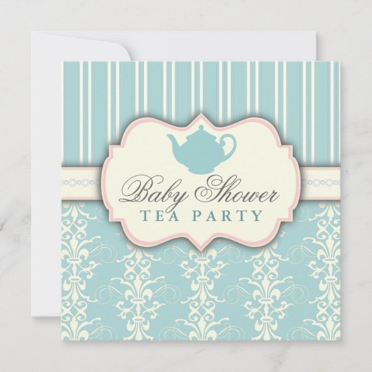 Chic Damask & Stripe Baby shower Tea Invitation Kaart (Voorkant)