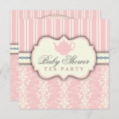 Chic Damask & Stripe Baby shower Tea Invitation Kaart (Voorkant / Achterkant)