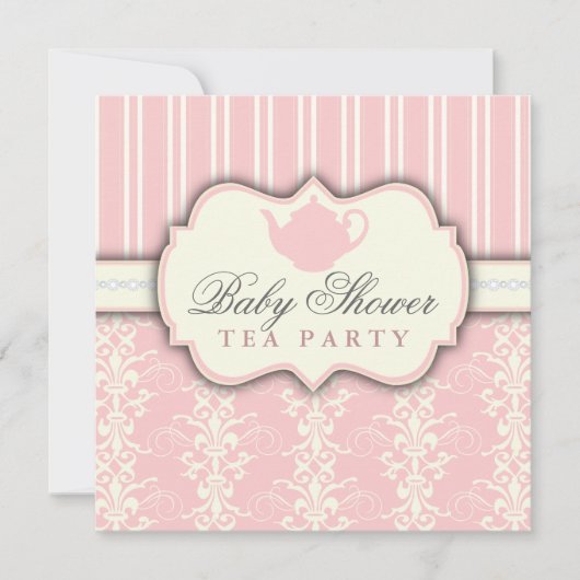 Chic Damask & Stripe Baby shower Tea Invitation Kaart (Voorkant)