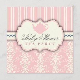 Chic Damask & Stripe Baby shower Tea Invitation Kaart