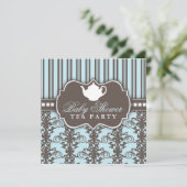 Chic Damask & Stripe Baby shower Tea Invitation Kaart (Staand voorkant)