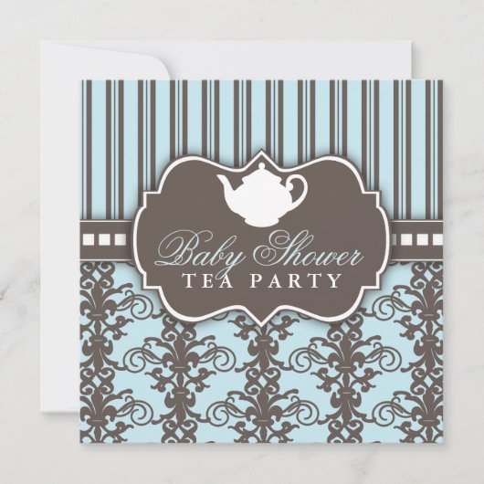 Chic Damask & Stripe Baby shower Tea Invitation Kaart (Voorkant)