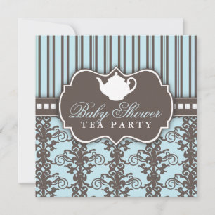 Chic Damask & Stripe Baby shower Tea Invitation Kaart