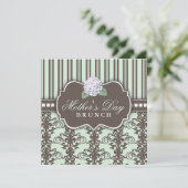 Chic Damask Stripe Moederdag Brunch Invitation Kaart (Staand voorkant)