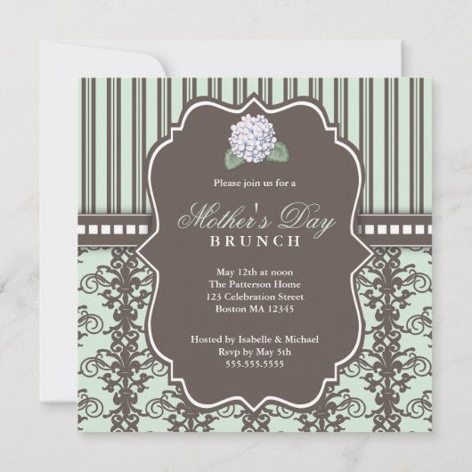 Chic Damask Stripe Moederdag Brunch Invitation Kaart (Achterkant)