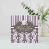 Chic Damask Stripe Moederdag Brunch Invitation Kaart (Staand voorkant)