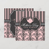 Chic Damask & Stripe Moederdag Tea Invitation Kaart (Voorkant / Achterkant)