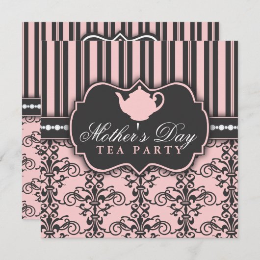 Chic Damask & Stripe Moederdag Tea Invitation Kaart (Voorkant / Achterkant)