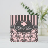 Chic Damask & Stripe Moederdag Tea Invitation Kaart (Staand voorkant)