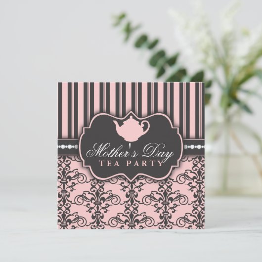 Chic Damask & Stripe Moederdag Tea Invitation Kaart (Staand voorkant)