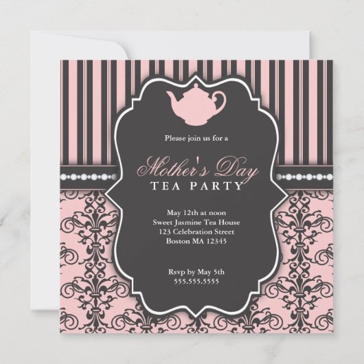 Chic Damask & Stripe Moederdag Tea Invitation Kaart (Achterkant)