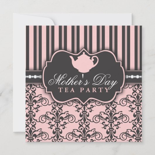 Chic Damask & Stripe Moederdag Tea Invitation Kaart (Voorkant)