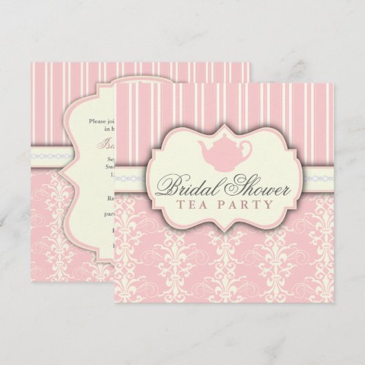 Chic Damask & Stripe Vrijgezellenfeest Tea Invitat Kaart (Voorkant / Achterkant)
