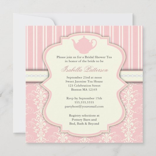 Chic Damask & Stripe Vrijgezellenfeest Tea Invitat Kaart (Achterkant)