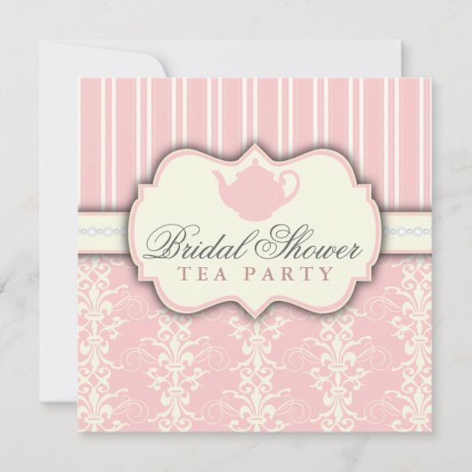 Chic Damask & Stripe Vrijgezellenfeest Tea Invitat Kaart (Voorkant)