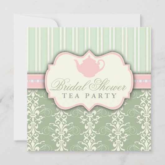 Chic Damask & Stripe Vrijgezellenfeest Tea Invitat Kaart (Voorkant)