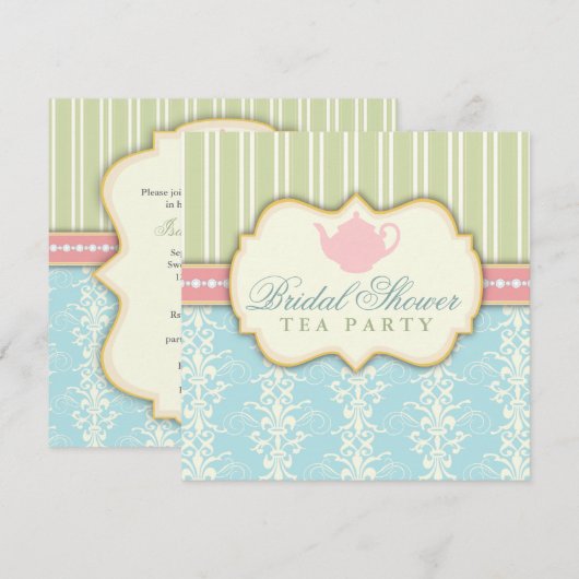 Chic Damask & Stripe Vrijgezellenfeest Tea Invitat Kaart (Voorkant / Achterkant)