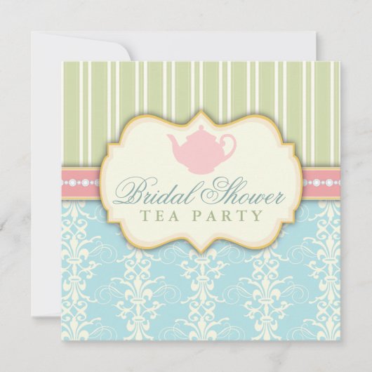 Chic Damask & Stripe Vrijgezellenfeest Tea Invitat Kaart (Voorkant)