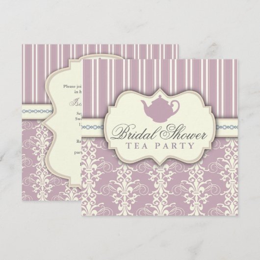 Chic Damask & Stripe Vrijgezellenfeest Tea Invitat Kaart (Voorkant / Achterkant)