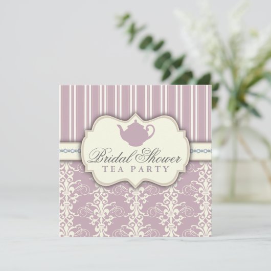 Chic Damask & Stripe Vrijgezellenfeest Tea Invitat Kaart (Staand voorkant)