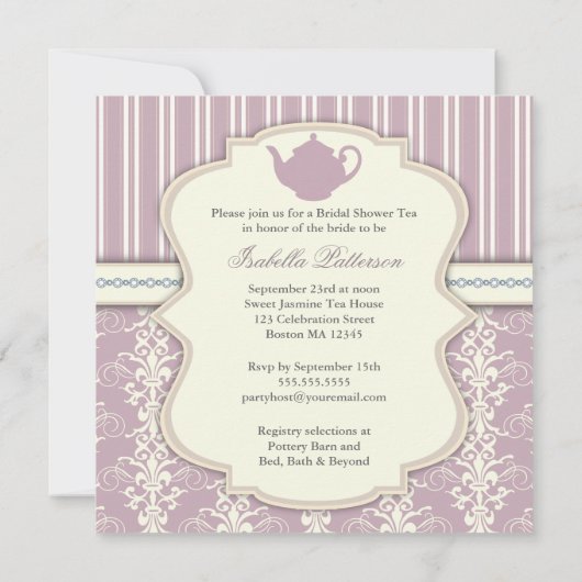 Chic Damask & Stripe Vrijgezellenfeest Tea Invitat Kaart (Achterkant)