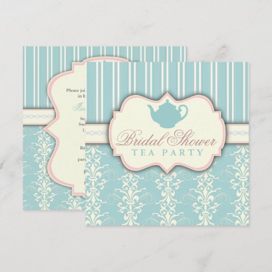Chic Damask & Stripe Vrijgezellenfeest Tea Invitat Kaart (Voorkant / Achterkant)