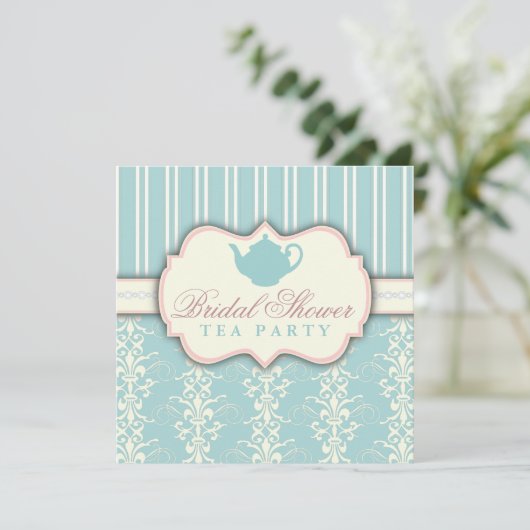 Chic Damask & Stripe Vrijgezellenfeest Tea Invitat Kaart (Staand voorkant)