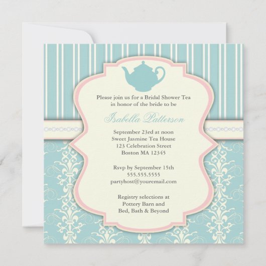 Chic Damask & Stripe Vrijgezellenfeest Tea Invitat Kaart (Achterkant)