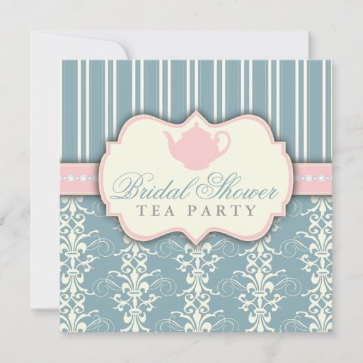 Chic Damask & Stripe Vrijgezellenfeest Tea Invitat Kaart (Voorkant)