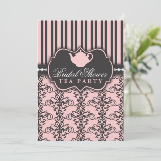 Chic Damask & Stripe Vrijgezellenfeest Tea Invitat Kaart (Staand voorkant)