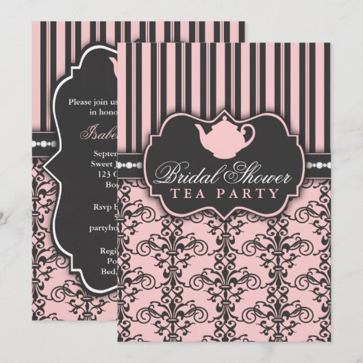 Chic Damask & Stripe Vrijgezellenfeest Tea Invitat Kaart (Voorkant / Achterkant)