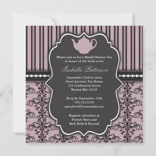 Chic Damask & Stripe Vrijgezellenfeest Tea Invitat Kaart (Achterkant)