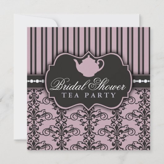 Chic Damask & Stripe Vrijgezellenfeest Tea Invitat Kaart (Voorkant)