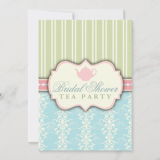 Chic Damask & Stripe Vrijgezellenfeest Tea Invitat Kaart (Voorkant)