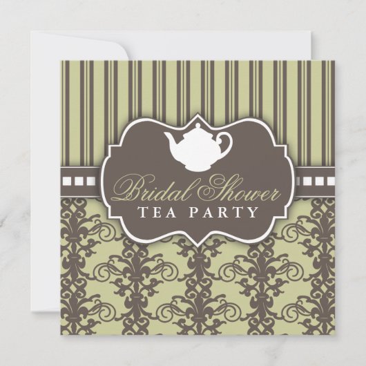 Chic Damask & Stripe Vrijgezellenfeest Tea Invitat Kaart (Voorkant)
