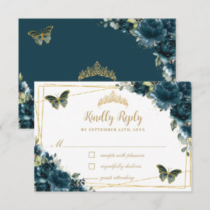 Chic Dark Blauwgroen Floral Gold Butterflies Quinc RSVP Kaartje