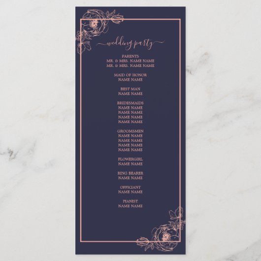 Chic Dark Blue Roos Gold Floral over huwelijk Programmakaart (Achterkant)