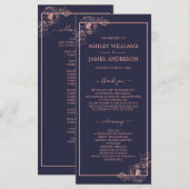 Chic Dark Blue Roos Gold Floral over huwelijk Programmakaart (Voorkant / Achterkant)