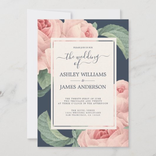 Chic Dark Blue  roze roze roze bruiloft Kaart (Voorkant)