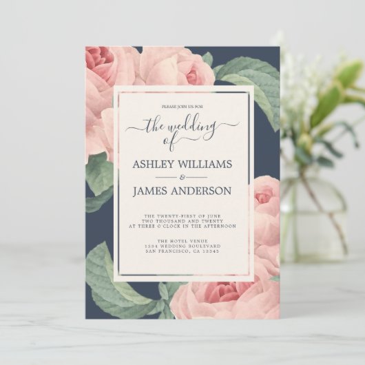 Chic Dark Blue  roze roze roze bruiloft Kaart (Staand voorkant)