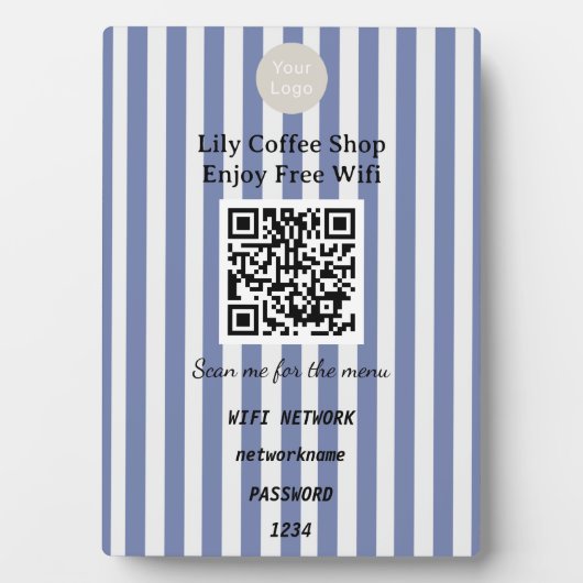 Chic Dark Blue & White Stripes QR Code Wifi Fotoplaat (voorkant)