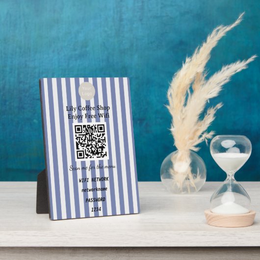 Chic Dark Blue & White Stripes QR Code Wifi Fotoplaat (Zijkant)
