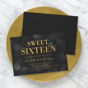 Chic Dark Bokeh Lights Gold Sweet Sixteen Birthday Kaart