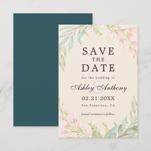 Chic Dark Emerald en Pink Floral Elegant Save The Date (Voorkant / Achterkant)