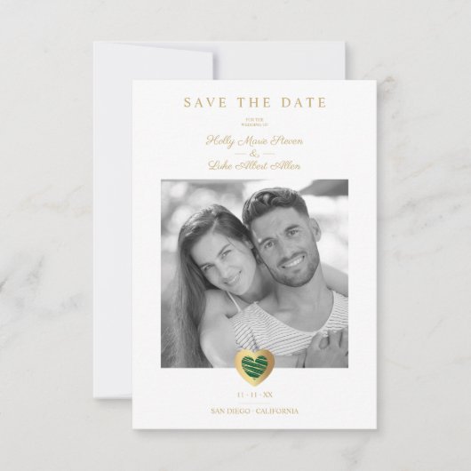 Chic Dark Green & Gold Heart Foto Couple Wedding Save The Date (Voorkant)