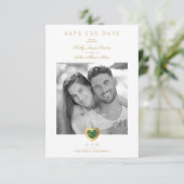 Chic Dark Green & Gold Heart Foto Couple Wedding Save The Date (Staand voorkant)