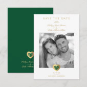 Chic Dark Green & Gold Heart Foto Couple Wedding Save The Date (Voorkant / Achterkant)