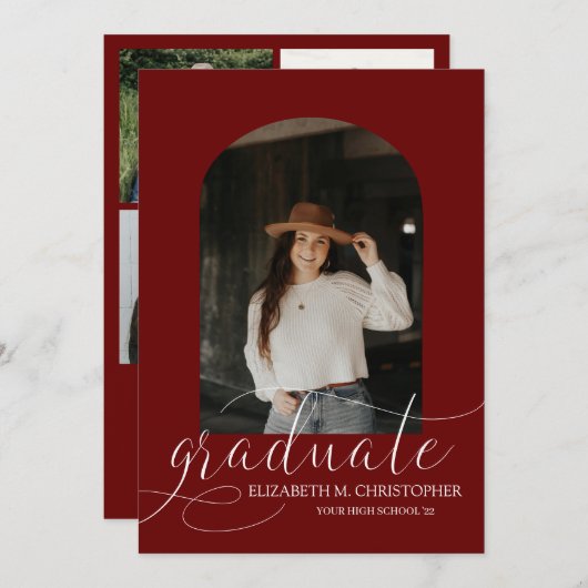 Chic Dark Red Arch 5 Photo Collage Afstuderen Aankondiging (Voorkant / Achterkant)