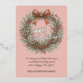 Chic December Holly Wreath With Red Bow On Silver Folie Feestdagenkaart (Voorkant)